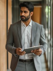 Wall Mural - Businessman with Tablet in Hand, Walking Indoors