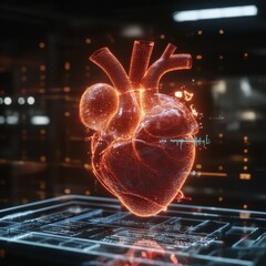 Advanced 3D Rendering of Human Heart Cardiology Showing Infographic Virtual Diagnosis, AI Generated Concept