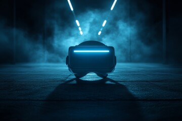 Sticker - Futuristic VR headset in a dark foggy environment symbolizing the mysterious and immersive nature of virtual reality gaming