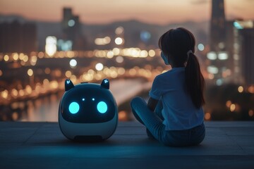 Poster - Young woman sitting next to a small robot overlooking a city at dusk symbolizing the contemplative relationship between humans and machines in a peaceful futuristic world