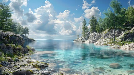 Sticker - A serene landscape featuring clear water, rocky shores, and lush trees under a bright sky.