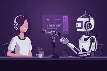 Sticker - Illustration of a woman and a robot recording a podcast symbolizing the collaboration and exchange of ideas between humans and artificial intelligence in a modern digital age