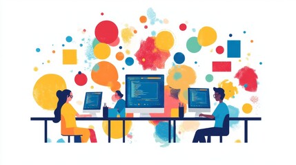 Team of Programmers Working on Code with Colorful Abstract Shapes