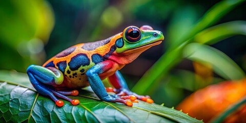 Vibrant tropical frog in lush natural habitat of rainforest, showcasing striking colors and unique markings