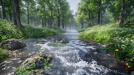 Poster - A serene forest landscape with a flowing stream and vibrant greenery.