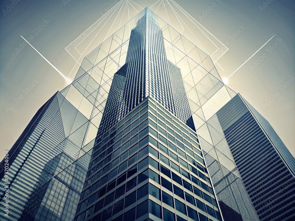 Stylized minimalist in and out line art depiction of a skyscraper ...