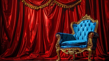 golden and blue armchair on a stage with a red velvet theatre curtain as background