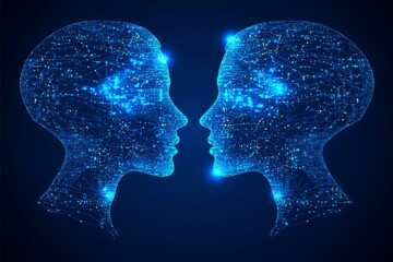 Poster - Abstract illustration of two digital human profiles with data connections symbolizing the exchange of knowledge and the digital interaction between minds in a futuristic world