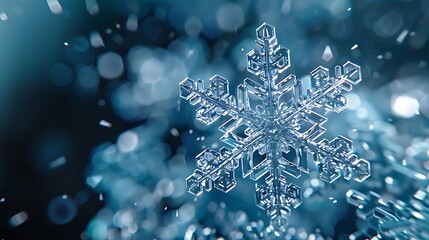 Poster - A detailed snowflake against a blurred blue background, showcasing winter beauty.