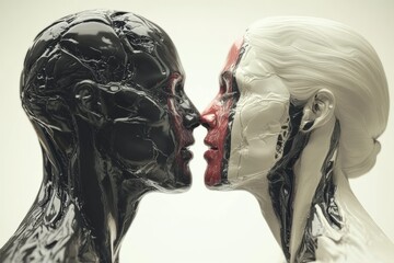 Canvas Print - Close up of two robotic heads in a kiss symbolizing the intersection of love and technology in a futuristic exploration of emotional connections between machines