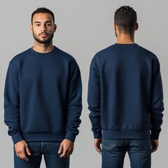 Man Wearing Blank Navy Blue Crew Neck Sweatshirt Mockup - Front and Back View.