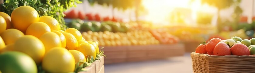 Fresh Lemons and Oranges in Wooden Crate at Farmer's Market