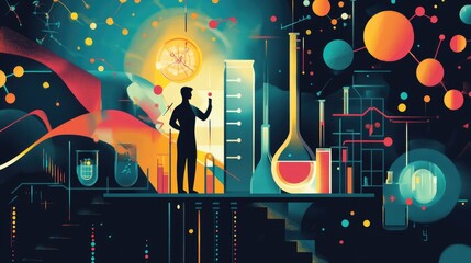 Wall Mural - Silhouette of a Scientist in a Colorful Laboratory