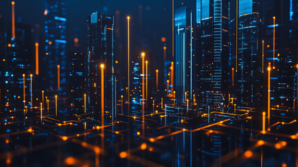 Smart digital Innovation city with connection network reciprocity over the cityscape. of future smart wireless digital city and social media networking systems that connects people with in city