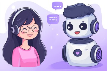 Wall Mural - Cute cartoon robot interacting with a girl highlighting the playful integration of technology into childhood and the future of human robot companionship