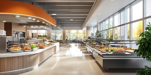 Poster - A 3D-rendered business office cafeteria with modern design and a variety of meal options. 