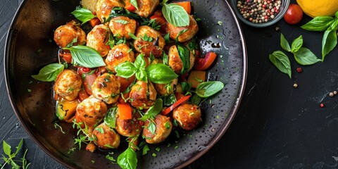 Poster - Stir-Fried Fish Balls with Red Curry Paste, Fresh Herbs, and Vegetables