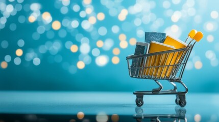 Shopping Cart with Books on Blue Bokeh Background