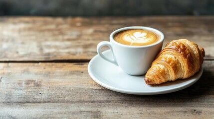 Canvas Print - A cup of coffee and a croissant on a white plate, placed on a wooden table for a classic coffee break