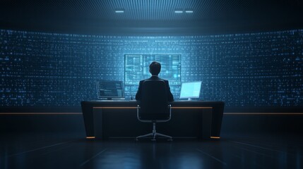 Cybersecurity Professional Working at a Computer with Binary Code on a Screen