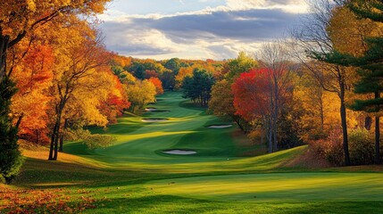  A golf course surrounded by autumn trees with vibrant fall colors, creating a picturesque setting
