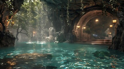 Poster - A serene cave with glowing lanterns and tranquil waters surrounded by lush greenery.