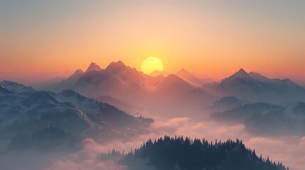 Sticker - A serene sunrise over misty mountains, showcasing nature's beauty and tranquility.