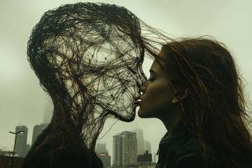 Poster - A woman intimately faces a wireframe figure resembling a human symbolizing the merging of technology and human emotions in a dystopian urban environment