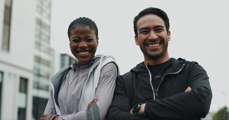 Wall Mural - Fitness, friends and happy in city for confidence, progress and support for wellness. Man, woman and arms crossed in urban town for exercise, portrait and excited for development with trust and care