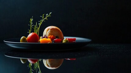 Wall Mural - Appetizer with Bread Roll, Olives, and Tomatoes