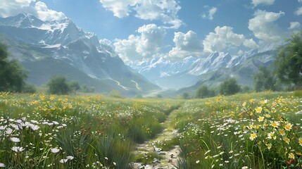 Wall Mural - A serene landscape featuring mountains, a meadow of flowers, and a clear blue sky.