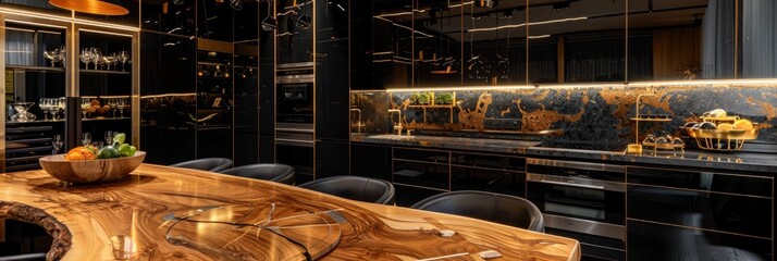 Poster - Modern luxury kitchen featuring black and gold accents along with a wooden tabletop space.