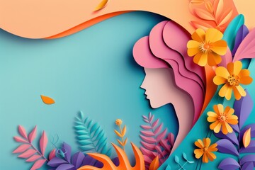 Wall Mural - Floral Beauty Woman's Face Surrounded by Flowers and Leaves in Paper Cut Art Style