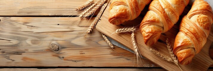 Poster - Bread Loaves and Pastries Surrounded by Wheat Ears on Wooden Boards with Empty Space for Text