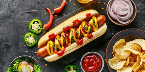 Sticker - Flat lay arrangement featuring a hot dog garnished with mustard and ketchup, paired with sliced spicy red jalapeÃƒÂ±os and onions, alongside a bowl of potato chips.