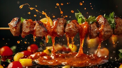 Grilled shish kebabs with a variety of meats on skewers, served on a plate with sauce