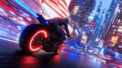 Poster - Futuristic Motorcycle Rider in Neon City at Night