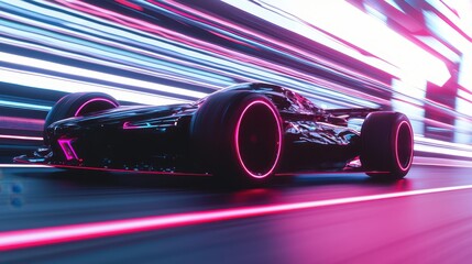 Poster - Futuristic Race Car with Neon Lights in Motion Blur