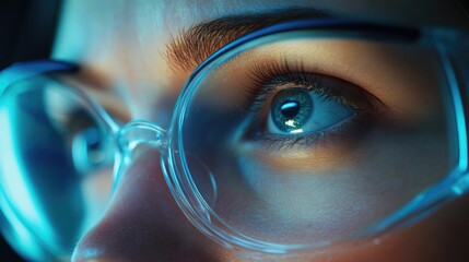 Wall Mural - Close-up of a Woman's Eye with Glasses and Blue Light