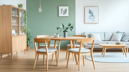 Wall Mural - Modern Dining Room with Light Wood Furniture and Green Accents