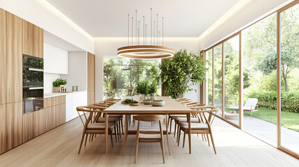 Wall Mural - Modern Dining Room with Wooden Table and Chairs - Perfect for a Family Gathering