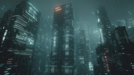 Poster - Futuristic Cityscape at Night with Rain and Neon Lights