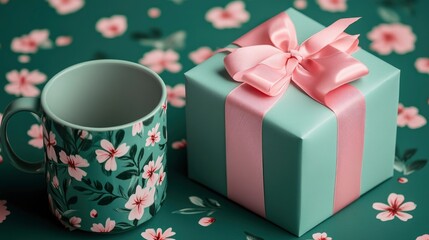 Sticker - Gift Box with Pink Ribbon and Floral Mug on Green Background