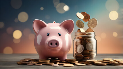 piggy bank money coins saving in futuristic background , financial investment and budget concept