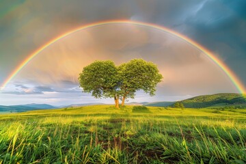 Poster - Double Rainbow Over Scenic Meadow