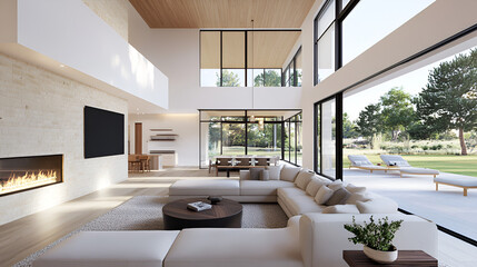 Wall Mural - Modern Living Room with Sectional Sofa and Patio Views - Perfect for Relaxation and Entertainment