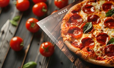 Wall Mural - Concept promotional flyer and poster for Restaurants or pizzerias, template with delicious taste pepperoni pizza, mozzarella cheese and copy space for your text.