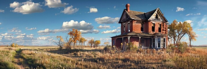 Poster - Abandoned two-story brick house situated in a rural meadow.