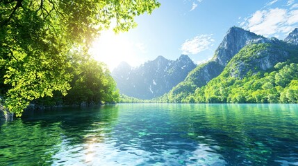 Poster - Serene Mountain Lake with Clear Blue Water and Lush Green Trees