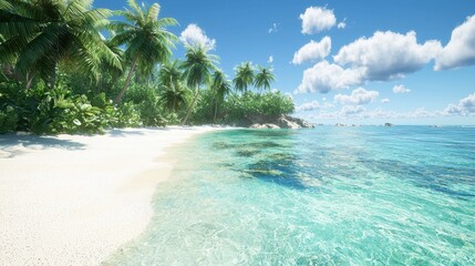 Poster - Tropical Paradise Beach with Palm Trees  Clear Blue Water  and White Sand